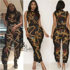 This Designer Style Jumpsuit Is A Keeper, Sleeveless High Neck Ruffled Chain Print Jumpsuit. Country: Usa Fabric Content: 95% Polyester 5% Spandex Description: L: 54″ B: 32″ W: 26″ I.S.: 28″ Black Sleeveless Bodysuit For Work, Chic Black Sleeveless Bodysuit, Mustard Jumpsuit, Black Hair Updo Hairstyles, Style Jumpsuit, Print Jumpsuit, Updo Hairstyles, Hair Updo, Printed Jumpsuit