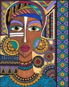 a painting of a woman's face with circles around her eyes and an abstract design