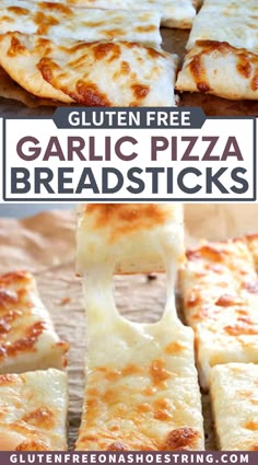 gluten free garlic pizza breadsticks on a cutting board with text overlay