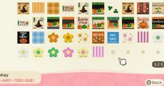 an animal crossing game is shown with many different designs on the screen, including pumpkins and flowers