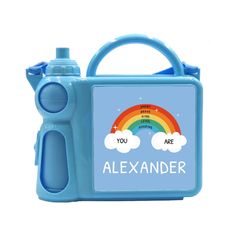 Get your child a super new personalised kids blue lunch box with a cute water bottle for the new school year. It has a bold and beautiful design which is sure to be the talk of the lunch room, whilst its quality and durability means it's designed to last. What's more, with plenty of capacity, you can get a full nutritional lunch inside, so they can enjoy lunch in style with this gorgeous gift.   Your loved one will adore this scandi pastel rainbow design. A beautiful pattern with colourful rainbows, shining suns, rain clouds, birds and much more, your child will be transported to a world high above the clouds. Or get your loved one a gift adorned with a funky image of a friendly green robot that they'll love.   Personalise with your loved one's name for a stunning gift and our dedicated te Playful Blue Lunch Box Gift, Playful Blue Lunch Box For Daycare, Blue Rectangular Lunch Box For Back To School, Blue Lunch Box For Back To School Gift, Funky Image, Green Robot, Cute Water Bottle, Lunch Box Set, Cute Water Bottles