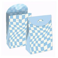 two blue and white checkered paper bags