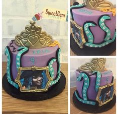 the cake is decorated with purple and blue icing, gold trimmings and an image of queen elizabeth on it