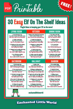 Free printable cheat sheet with 30 easy Elf on the Shelf ideas, organized by room, including creative setups for the living room, kitchen, and more. Perfect for parents looking for fun and simple ways to bring holiday magic to their Elf on the Shelf traditions Free Elf On The Shelf Printable Ideas, Elf On The Shelf Cheat Sheet, Free Printable Elf On The Shelf Props, Free Printable Elf On The Shelf, Printable Elf On The Shelf Props