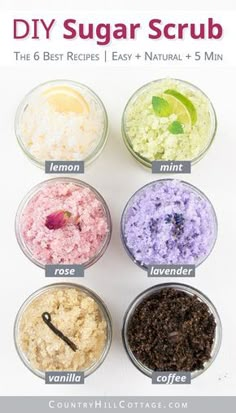 the ingredients for diy sugar scrub are shown in small bowls and labeled on each side