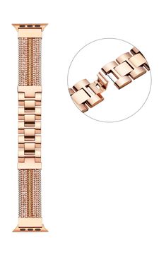 Give your watch a glam update with this bracelet strap featuring beads and studs for a boho look that goes with every wardrobe. Apple Watch not included Compatible with Series 1–7 Apple Watch Fold-over clasp Stainless steel/copper plate/glass/textile Imported Adjustable Rose Gold Metal Watch Bands, Rose Gold Bracelet Strap Apple Watch Band, Trendy Gold Beaded Watch Bands, Rose Gold Watch Band For Fashion Accessory, Rose Gold Watch Bands With Bracelet Strap, Trendy Rose Gold Metal Beaded Bracelets, Trendy Rose Gold Watch Band With Bracelet Strap, Adjustable Rose Gold Beaded Bracelet With Strap, Apple Watch Bracelet