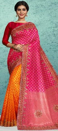 Pink and Majenta, Yellow color Saree in Kanchipuram Silk, Silk fabric with Bugle Beads, Stone, Weaving work Half N Half Saree, Celebrity Gowns, Latest Indian Saree, Latest Designer Sarees, Ready To Wear Saree, Designer Sarees Online, Trendy Sarees, Latest Sarees, Readymade Blouse