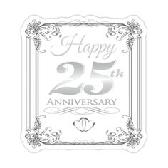 a 25th anniversary card with the number twenty five and an ornate frame in silver on a white background