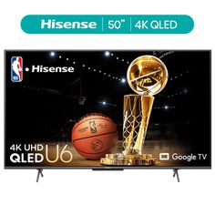 hisense 50 inch 4k led tv with golden trophy and basketball on the screen