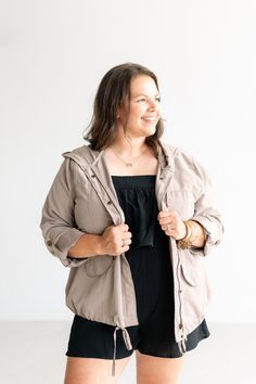 Who says jackets can't be fun? Our Keep Cruising Jacket is the perfect addition to your closet. A lightweight hooded jacket designed for active lifestyles. Crafted with a zipper and button closure to ensure a secure fit. Breathable and weather-resistant fabric keeps you comfortable and protected from the elements. Model is wearing a size 1X. Dreamy Dress, Active Lifestyle, Blazer Coat, Coat Dress, Mocha, Hooded Jacket, Weather Resistant, Jumpsuit Romper, Going Out