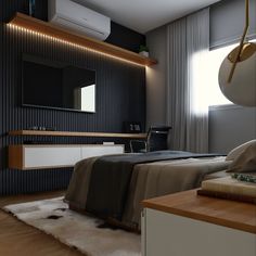 a bed room with two beds and a tv mounted to the side of a wall