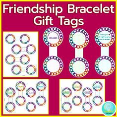 a poster with the words, friends bracelet gift tags on it and four different images