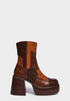 cuz everyday has its surprises. These ankle boots have a vegan leather construction, a patchwork design, platform soles, block heels, and side zipper closures. Modern Mother Of The Bride, Dolls Kill Outfits, Sneakers Design, Bridal Sneakers, Design For Wedding, Wedding 2024, Brown Ankle Boots