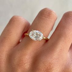 a woman's hand with a diamond ring on top of her finger, showing the center stone