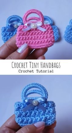 crochet tiny handbags are shown in two different pictures, one is pink and the other is blue