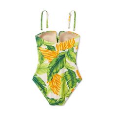 Get a chic beach look without baring it all with this Pique Bandeau High-Coverage One Piece Swimsuit from Kona Sol™. Featuring an allover tropical palm print and textured fabric for a look that will give you vacation vibes wherever you are, this cute one-piece swimsuit boasts adjustable and removable straps so you can also wear it strapless. Molded cups provide shaping and comfortable coverage, while an adorable keyhole cutout detail on the front creates a lovely neckline shape. Side ruching and Fitted Palm Tree Print Swimwear For Beach Season, Fitted Swimwear With Palm Tree Print For Vacation, Fitted Palm Tree Print Swimwear For Summer, Beachwear One-piece Swimwear With Tropical Print, One-piece Tankini With Tropical Print For Sunbathing, One-piece Tropical Print Tankini For Vacation, Beachy One-piece Swimwear With Tropical Print, Green Tropical Swimwear With Leaf Print, One-piece Tankini With Tropical Print For Beachwear