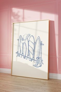 a drawing of surfboards hanging on a pink wall