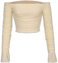 Chic Fitted Beige Top, Beige Stretch Elastane Tops, Beige Stretch Tops In Elastane, Cream Off-shoulder Top For Fall, Stretch Beige Tops In Elastane, Casual Beige Elastane Tops, Beige Elastane Top For Summer, Fitted Long Sleeve Beige Top, Fitted Beige Ruched Top