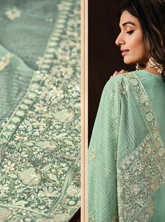 COLOR : Mint Green FABRIC : Top - Soft Organza, Bottom - Dull Santoon, Dupatta - Soft Organza WORK : Heavy Resham Embroidery, Zari, Sequins, Lace BorderOCCASION : Engagement, Party Wear, Festival READY-TO-WEAR : No STITCHING : Available as semi-stitched fabric, can be stitched using standard size option (+$20). Note: There might be a slight color variation due to lighting and flash used during photoshoot. The bright shade seen is the best closer view of fabric's color.