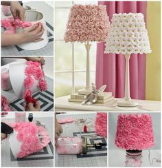 the process of making a pink and white lamp shade with crocheted flowers on it