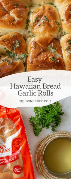 easy hawaiian bread garlic rolls with dipping sauce and parsley sprigs on the side