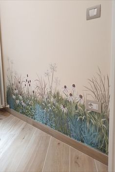 fiori prato erba estetica pedicure stanza parete murales dipinto decorazione parete muro interni flowers blu verde beige bianco Animal House Decor, Nursery Mural Ideas, Nursery Murals, Nursery Wall Murals, Forest Wall Mural, Wall Murals Painted, Door Murals