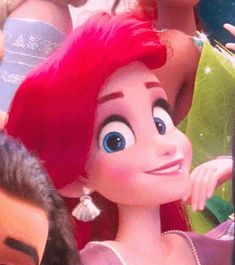 the little mermaid is standing in front of many other people with their heads turned to look like they're talking