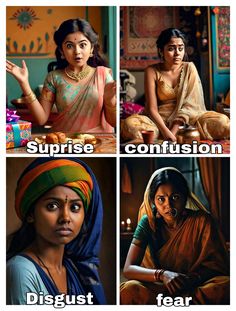 four different women in sari outfits with words that say surprise confusion, disgust, fear