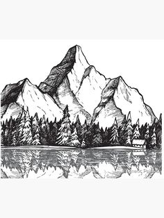 a black and white drawing of mountains with trees in the foreground, water below