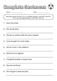 the complete sentence worksheet for students to practice their english language and writing skills