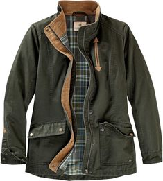 Tough enough for chores, but styled for a night out! A durable soft washed waxed cotton/poly blend shell that is lined with a brushed 100% cotton flannel. Featuring a heavy-duty zipper with snap down storm flap, drop tail back, big cargo pockets with flaps, and flannel lined hand warming pockets. Finished with corduroy accents, debossed antique brass buck tag, and Signature Buck embroidery. Military Jacket Women, Sweater Layering, Midnight Sun, Jackets Online, Casual Jacket