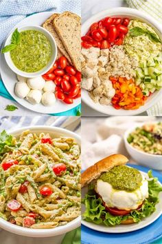 four different pictures of food including pasta, salad and bread