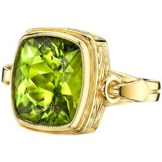 It's so easy being green! Wear this brilliant, absinthe colored peridot with anything. This ring features a large, fine quality, cushion cut peridot, bezel set in an exquisitely hand-engraved ring with classical details. The level of craftsmanship and attention to detail showcased in this ring is seldom seen today. Handmade in 18k yellow gold by our Master Jewelers in Los Angeles. Peridot, 13.30 x 11.20mm, 9.24 carats Ring size 8.5 Complimentary sizing as needed Rings Multiple, Peridot Rings, Rings Green, Peridot Jewelry, Bezel Set Ring, Rings Fashion, Green Jewelry, Gold Band Ring, Peridot Ring