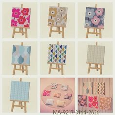 several pictures of different paintings on easels and canvases with flowers in the middle