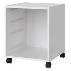 a white shelf with wheels and shelves on each side, in front of a white background