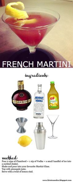 an advertisement for french martini with ingredients to make it