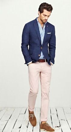 Casual Wedding Outfit Mens, Casual Wedding Outfit, Terno Slim, Pink Chinos, White Jeans Men, Wedding Outfit Men, Navy Blazer, Gentleman Style