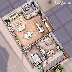 an aerial view of a three bedroom, two bathroom apartment with balcony and living room