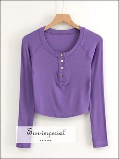 Women Ribbed Purple Long Sleeve O Neck front Buttons Cropped top T- Shirt Cheap Casual Purple Shirt, Cheap College T-shirt With Ribbed Cuffs, Cheap Solid T-shirt With Buttons, Cheap Purple Long Sleeve Tops, Cheap Tops With Snap Buttons, Cheap Ribbed Button-up Tops, Cheap Seamless Purple Tops, Cheap Purple Athleisure Tops, Cozy Cheap Tops With Buttons