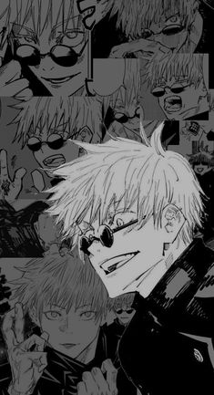 an anime character is surrounded by many other characters and their faces are drawn in black and white