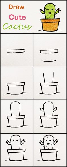 an illustrated diagram showing how to draw cute cactuses in their own potted plants