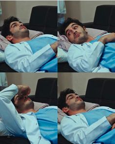 four pictures of a man laying on a couch with his eyes closed and hands behind his head