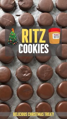 chocolate covered cookies with the words ritz cookies on it and a christmas tree in the background