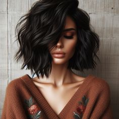 Wavy Bob Aesthetic, Lobob Hairstyle Women, Bob Dark Hair With Highlights, Asymmetrical Medium Length Hair, Bob With Curly Hair, Medium Bob Hairstyles With Layers, Mob Wife Haircut, Short Dark Brown Hair With Bangs, Artistic Haircut