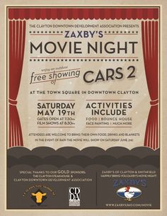 an old movie night poster with the words, movies and cars 2 on it's side