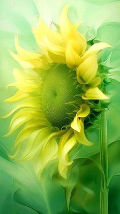 a painting of a yellow sunflower with green leaves