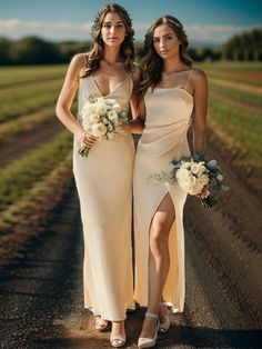 two bridesmaids standing in the middle of a dirt road holding bouquets and flowers