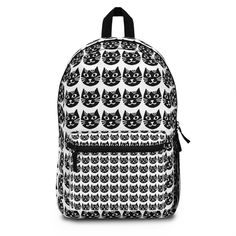 This adorable cat print backpack features a trendy design with cute cat faces in black and white. Perfect for school or casual outings, it's both stylish and functional. The spacious interior and durable construction make it a popular choice for cat lovers. Add a touch of feline fun to your daily routine with this fashionable cat pattern backpack. 100% polyester Lightweight and waterproof Adjustable shoulder straps Blank name tag sewn inside NB! Size variance +/- 0.5" NB! Dashed lines used in the cut & sew process may be visible in the front pocket's interior Assembled in the USA from globally sourced parts Cute Cat Face, Backpack Cute, Cat Faces, White Backpack, Pattern Backpack, Patterned Backpack, Cat Bag, Sewing Tags, Design School