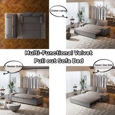 four different views of a living room with couches