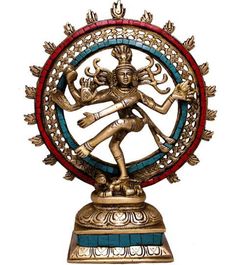 a statue of the hindu god in gold and blue with red, white and green accents